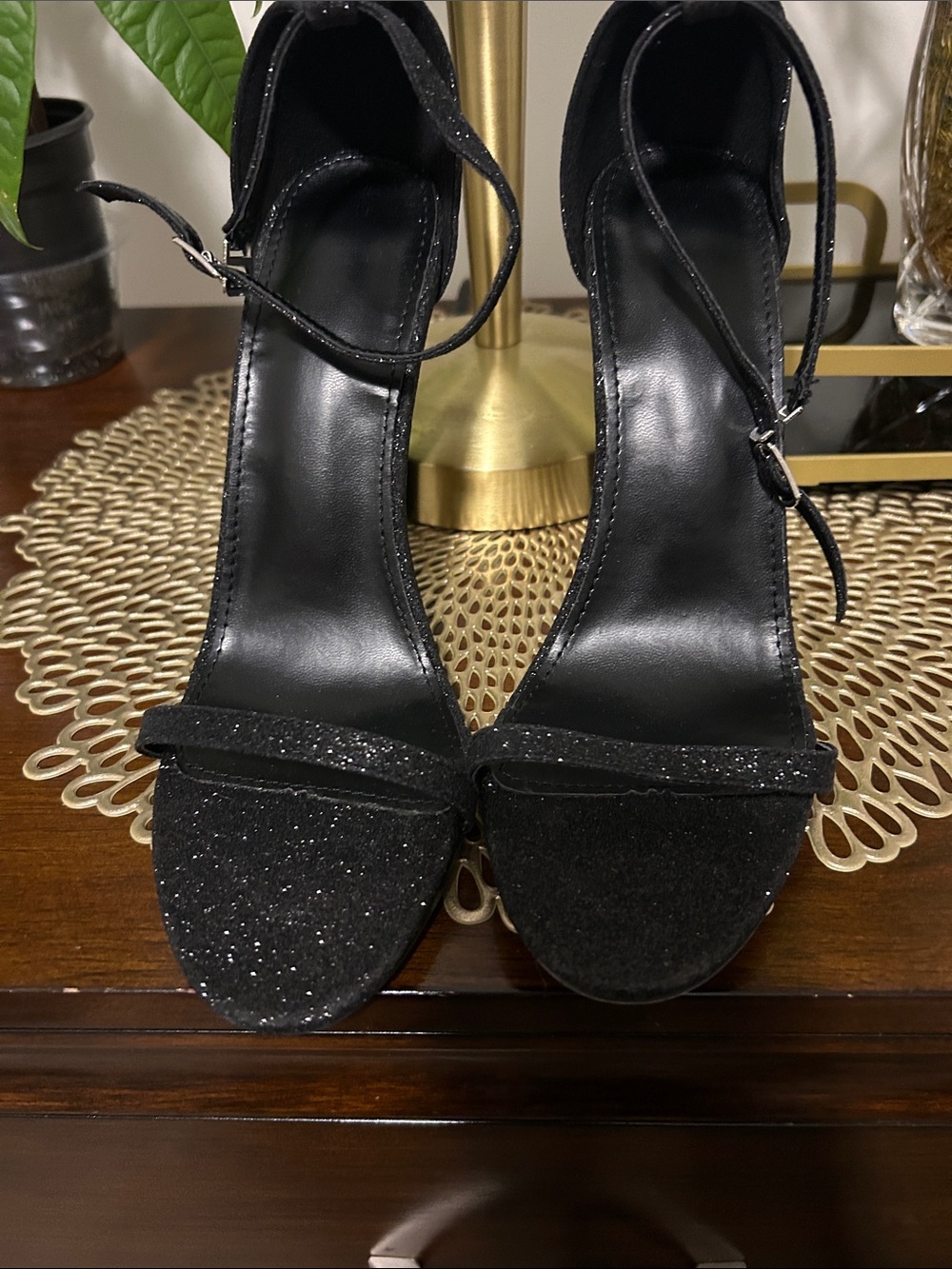 Sparkle T-Strap High Heel Sandals - Black - Picture 2 of 3